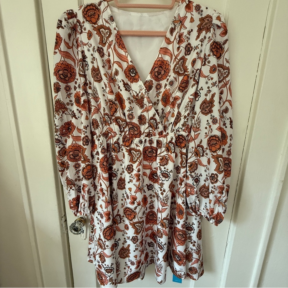 CUPSHE Rust Floral Long Sleeve Mini Dress Size S NWT